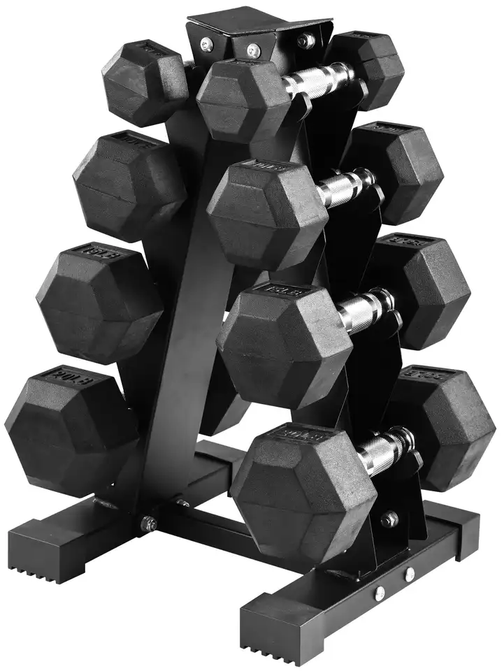 Rubber Coated Hex Dumbbell Weight Set with Rack