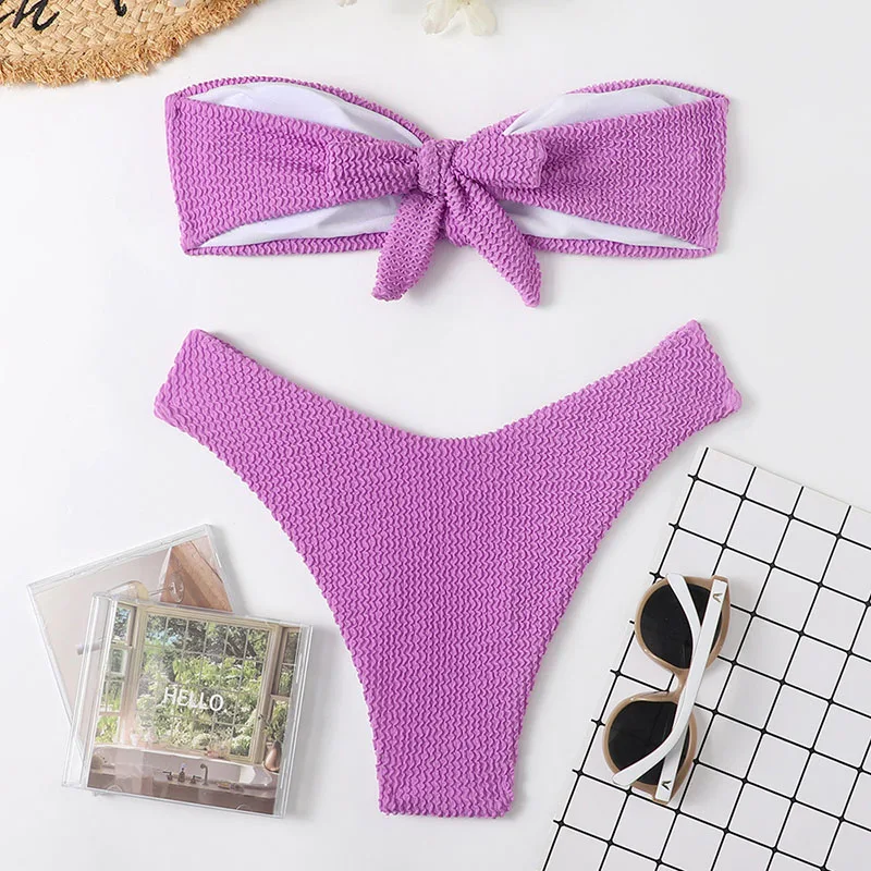 Swimsuits Women Candy Colors Sexy Swimwear Bather High Waist Push Up Bandeau Bikini Set Bathing Suits Beachwear Biquini Mujer strapless bikini set