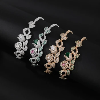 Gorgeous 4 Colors Cubic Zircon Rose Flower Chain Bracelets Bangle Brides Wedding Party Fashion Jewelry for Women Gift CK10184
