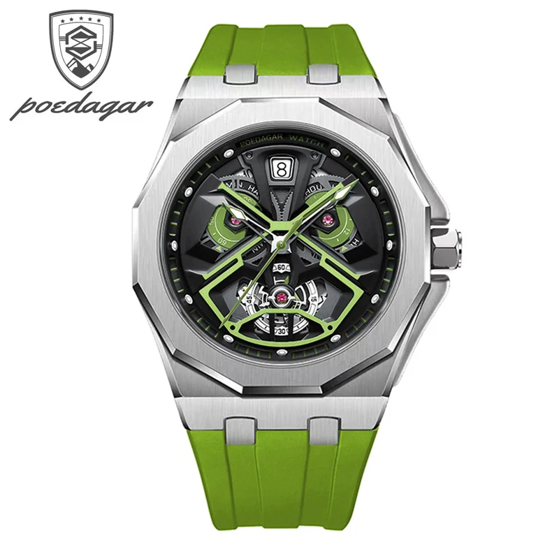 

POEDAGAR Mens Watches Top Brand Luxury Silicone Strap Waterproof Date Fashion Skeleton Quartz Watch for Men Relogio Masculino