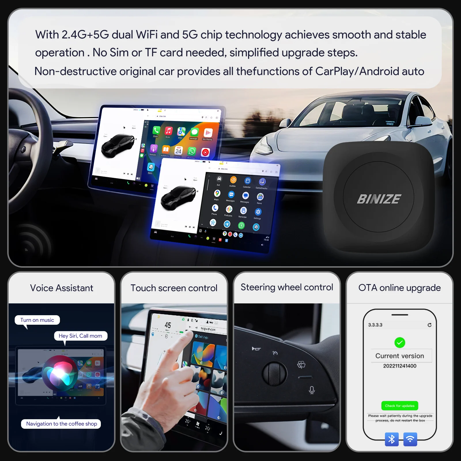 Binize Wireless CarPlay Adapter For Tesla Tesla Model 3 Model Y Wireless Carplay ＆ Android Auto Waze Spotify OTA Upgrade