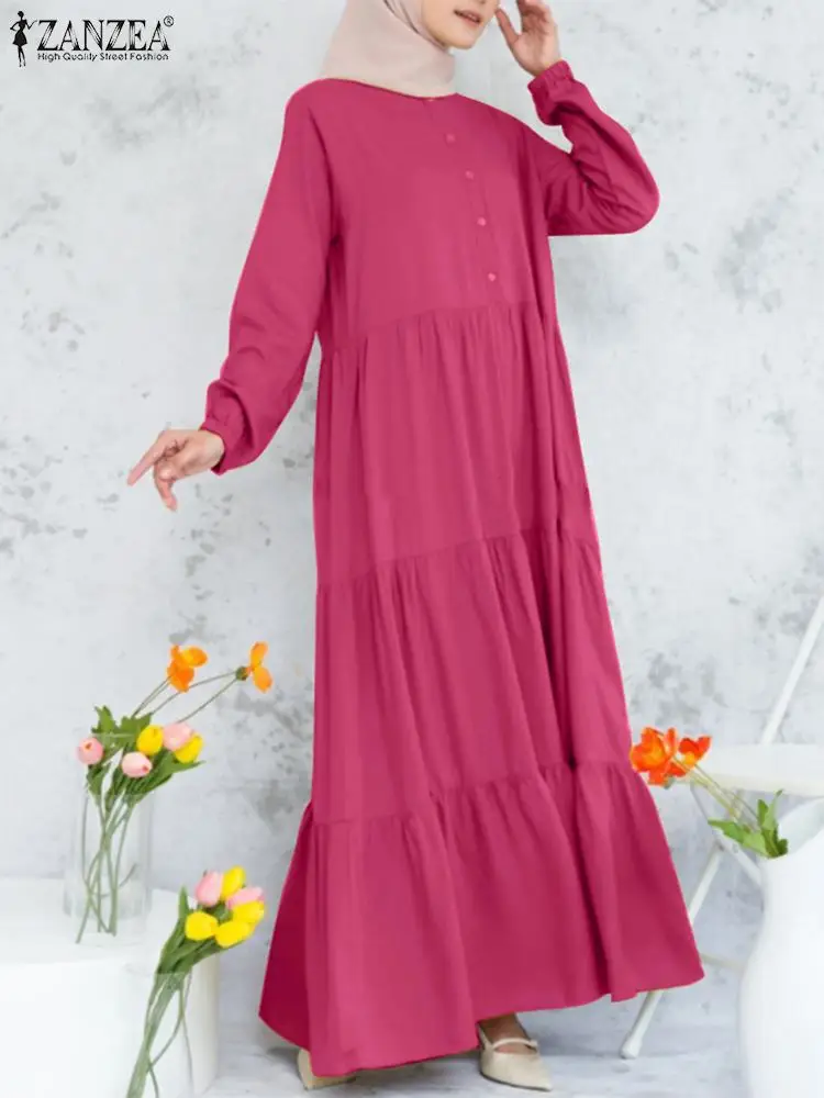 

ZANZEA Fashion Dubai Long Dress Autumn Elegant Muslim Dresses Puff Sleeve O-Neck Solid Sundress Casual Layered Vestidos Oversize