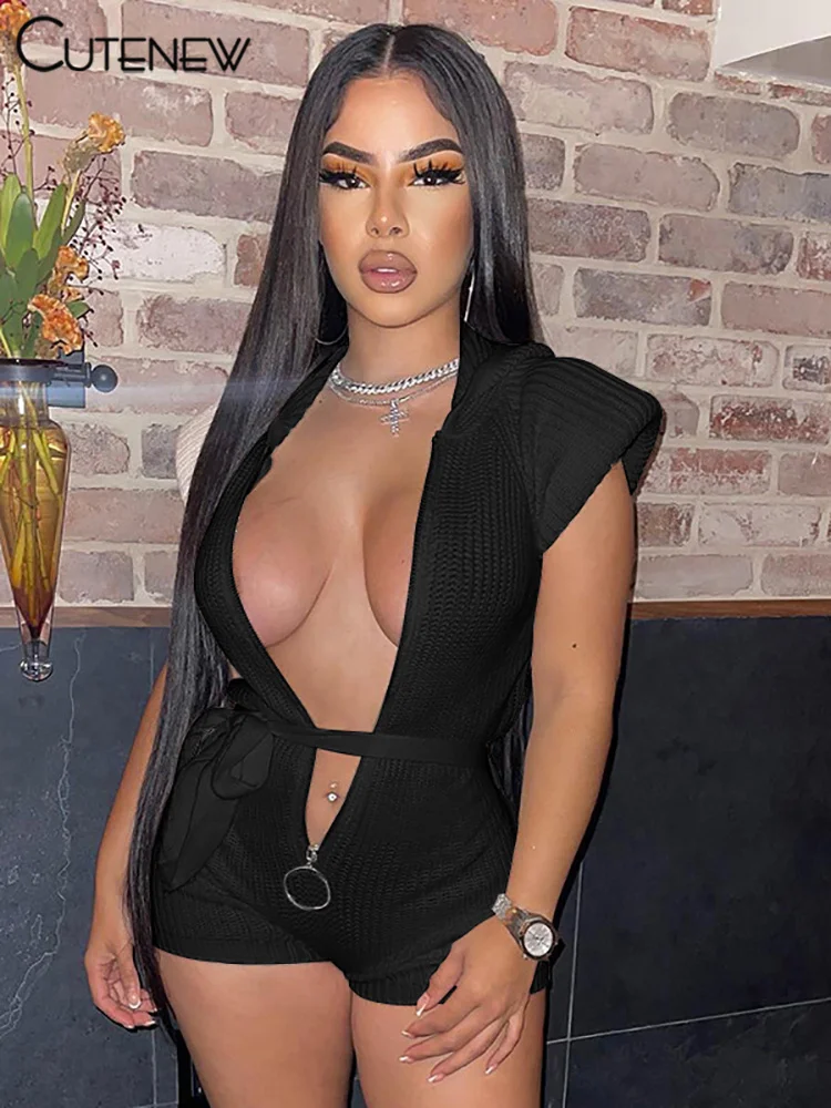 

Cutenew Women Solid Hooded Knitted Zipper Playsuits Short Sleeve Belt One-piece Shorts Rompers Casual Sexy Streetwear Outfit