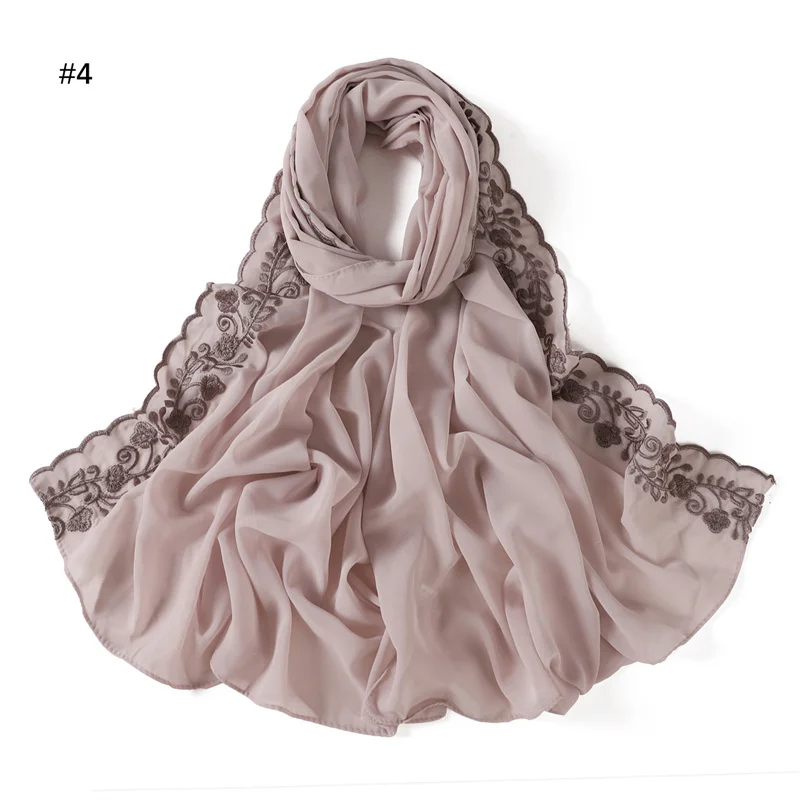 Plain Sticken Floral Blase Chiffon Hijab Ramadan Spitze Stich Schals Frauen Sonnencreme Kopftuch Outdoor Winddicht Kopf Wrap – Detail 14
