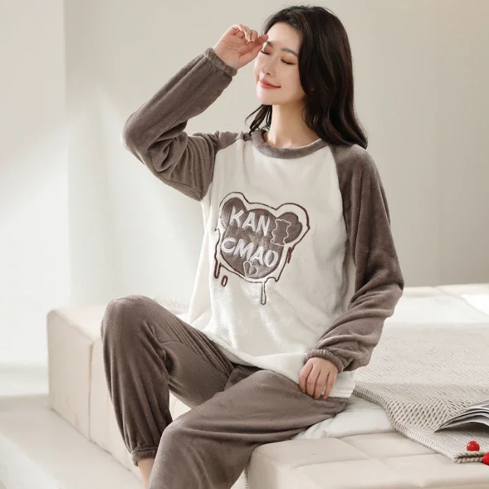 

Осень-зима 2023, теплые фланелевые женские пижамные комплекты, фланелевые пижамные комплекты для девочек, плотная бархатная одежда для сна кораллового цвета с длинным рукавом и мультяшным рисунком
