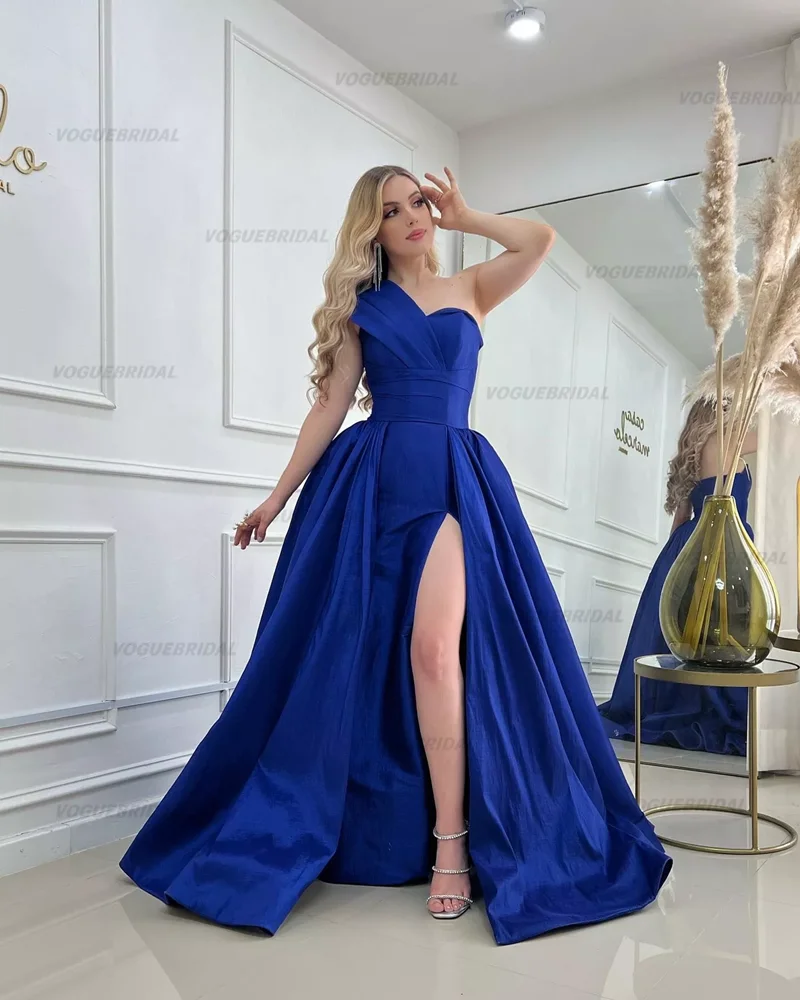 New One Shoulder Royal Blue Prom Dresses A-Line Taffeta High Slit Formal Party Dress Evening Gown Vestidos De Gala Discount