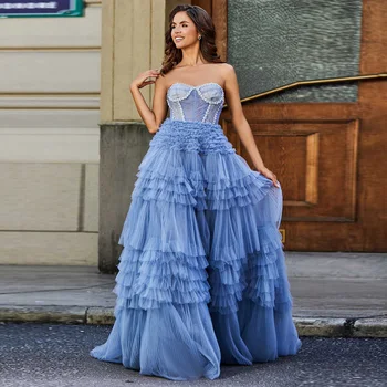 Elegant Sweetheart Ball Gown Blue Tulle Evening Dresses for Women Wedding Party Luxury Dubai Formal Prom Dress F088 1