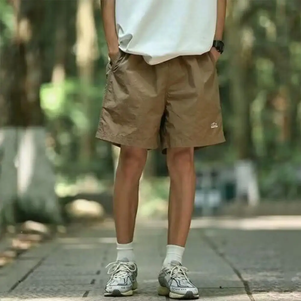 Men Drawstring Waist Shorts Men's Outdoor Basketball Shorts with Elastic Drawstring Waist Pockets Solid Color for Streetwear