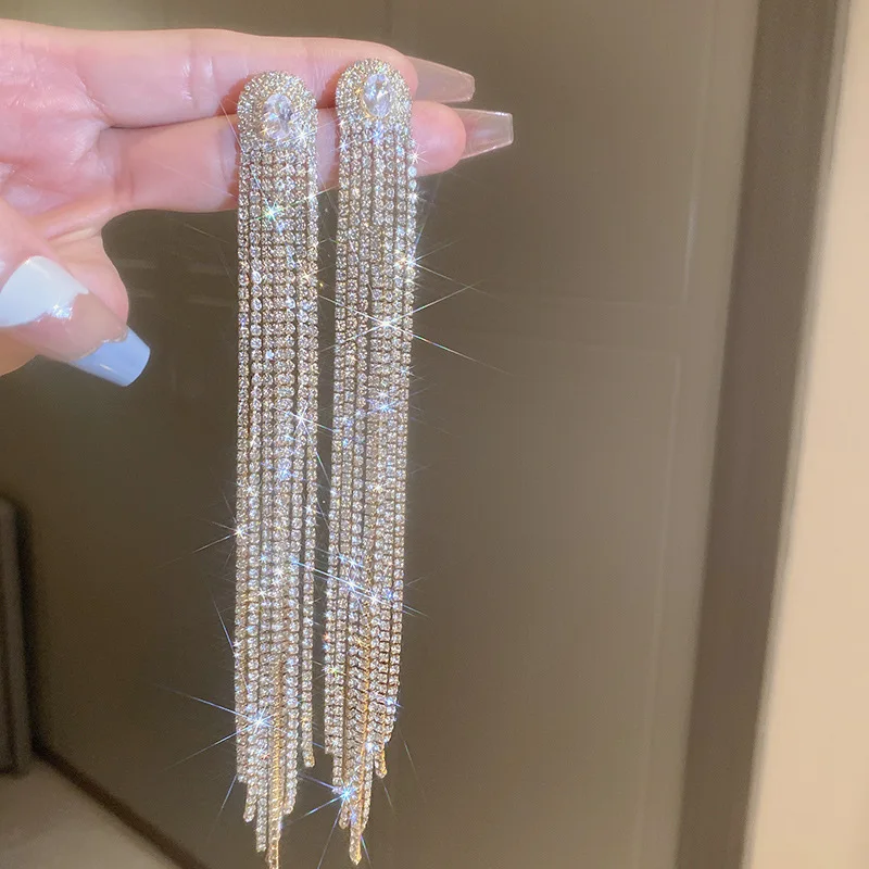 Geometric Long Tassel Crystal Clip on Earrings For Women Silver Gold Color Rhinestone Earring Party Wedding Women's Accessories