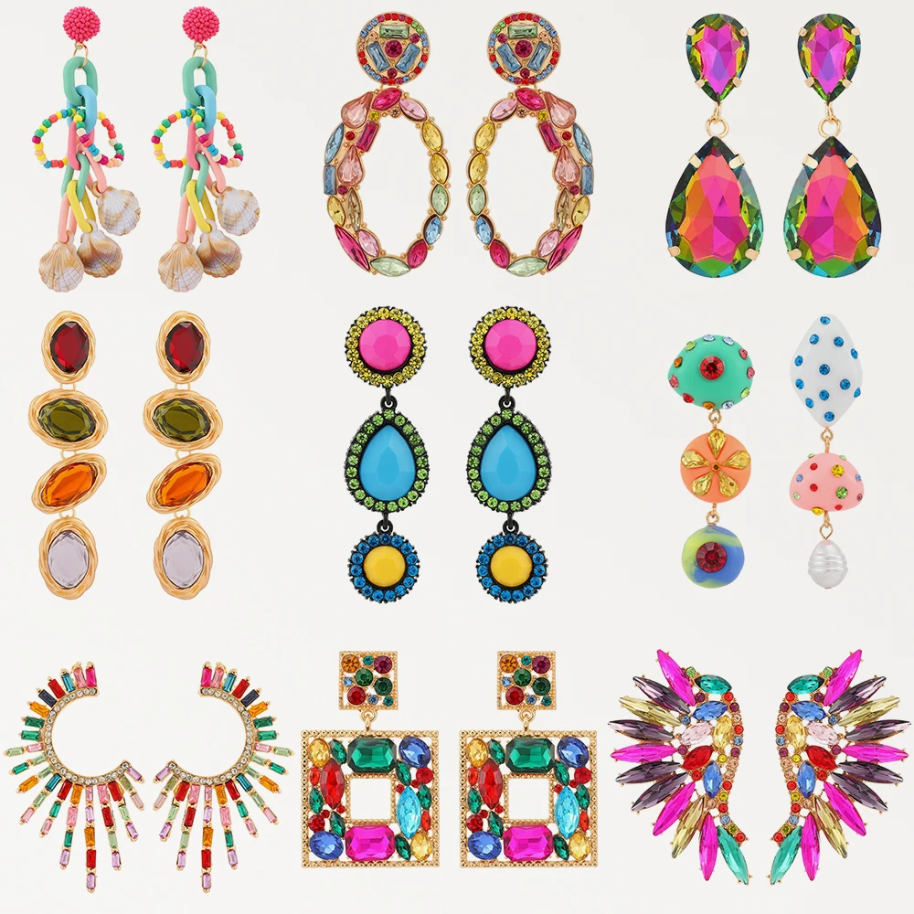 Summer Beach Beads Crystal Geometric Dangle Earrings For Women Boho Luxury Multicolored Ear Accessories Retro Statement Jewelry