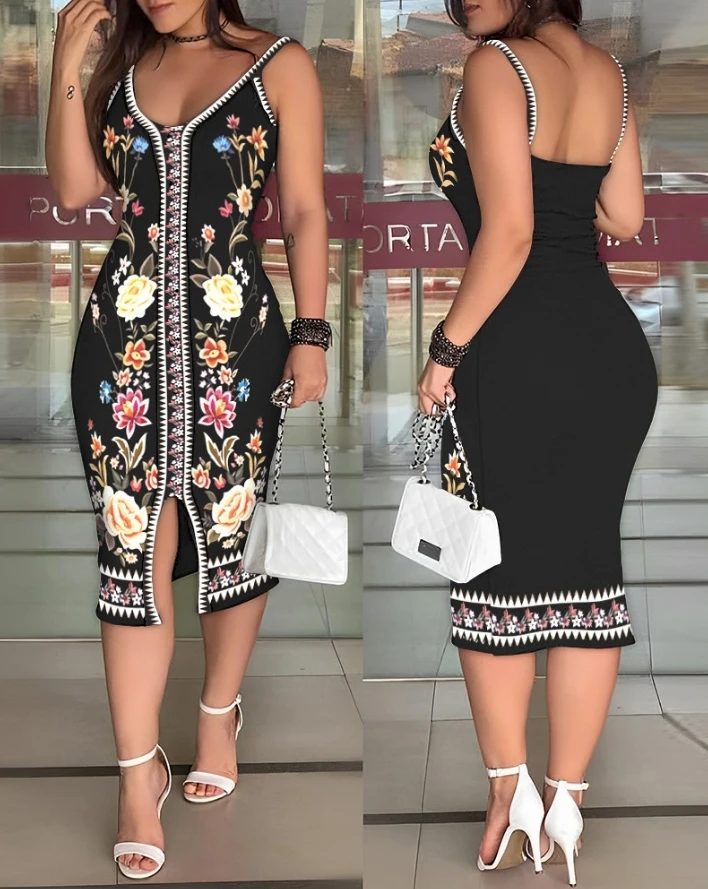 

Women Dress 2024 Spring/summer Latest Casual V-Neck Button Floral Print Slit Skinny Sleeveless Daily Vacation Bodycon Midi Skirt