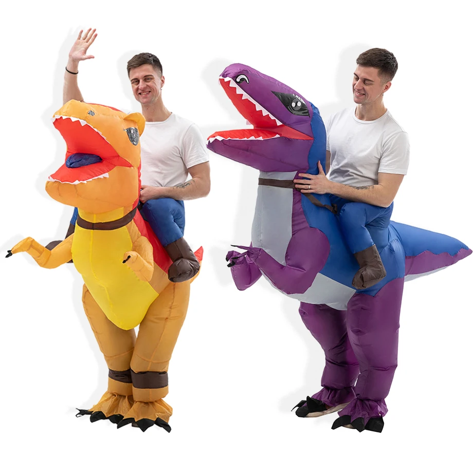 

Halloween Fun Night Annual Party Adult Cosplay Cartoon Animal Riding Velociraptor Tyrannosaurus Rex Dinosaur Inflatable Costume