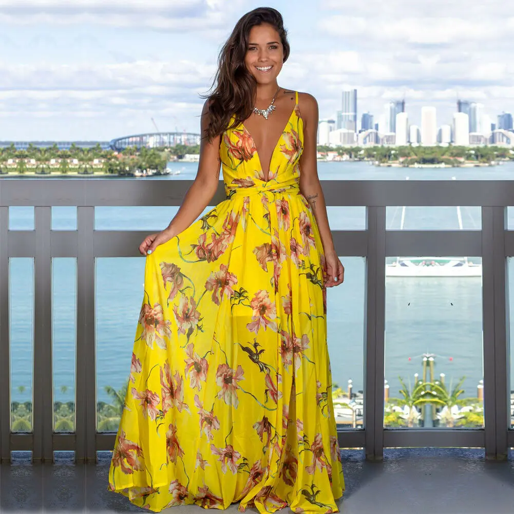 

Summer Floral Dress Womens Holiday Maxi Boho Flower Dresses Fashion Beach Long Split Evening Party Sundress Clothing