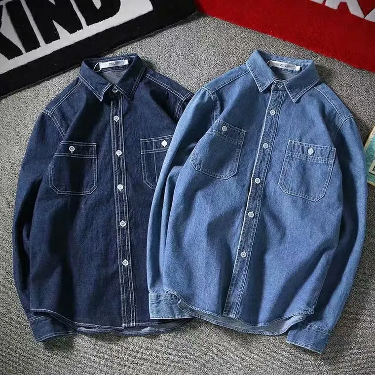 American workwear denim shirt men's spring new retro washed collared shirt trendy brand loose long sleeved jacket