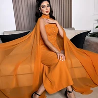 Arabic Orange Strapless Evening Dress with Cape Sleeve Women for Wedding Luxury Dubai Formal Party Gowns 299 1