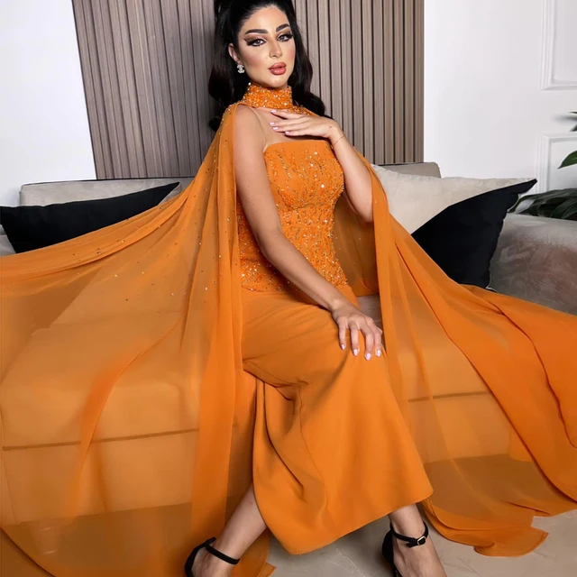 Arabic Orange Strapless Evening Dress with Cape Sleeve Women for Wedding Luxury Dubai Formal Party Gowns 299 1