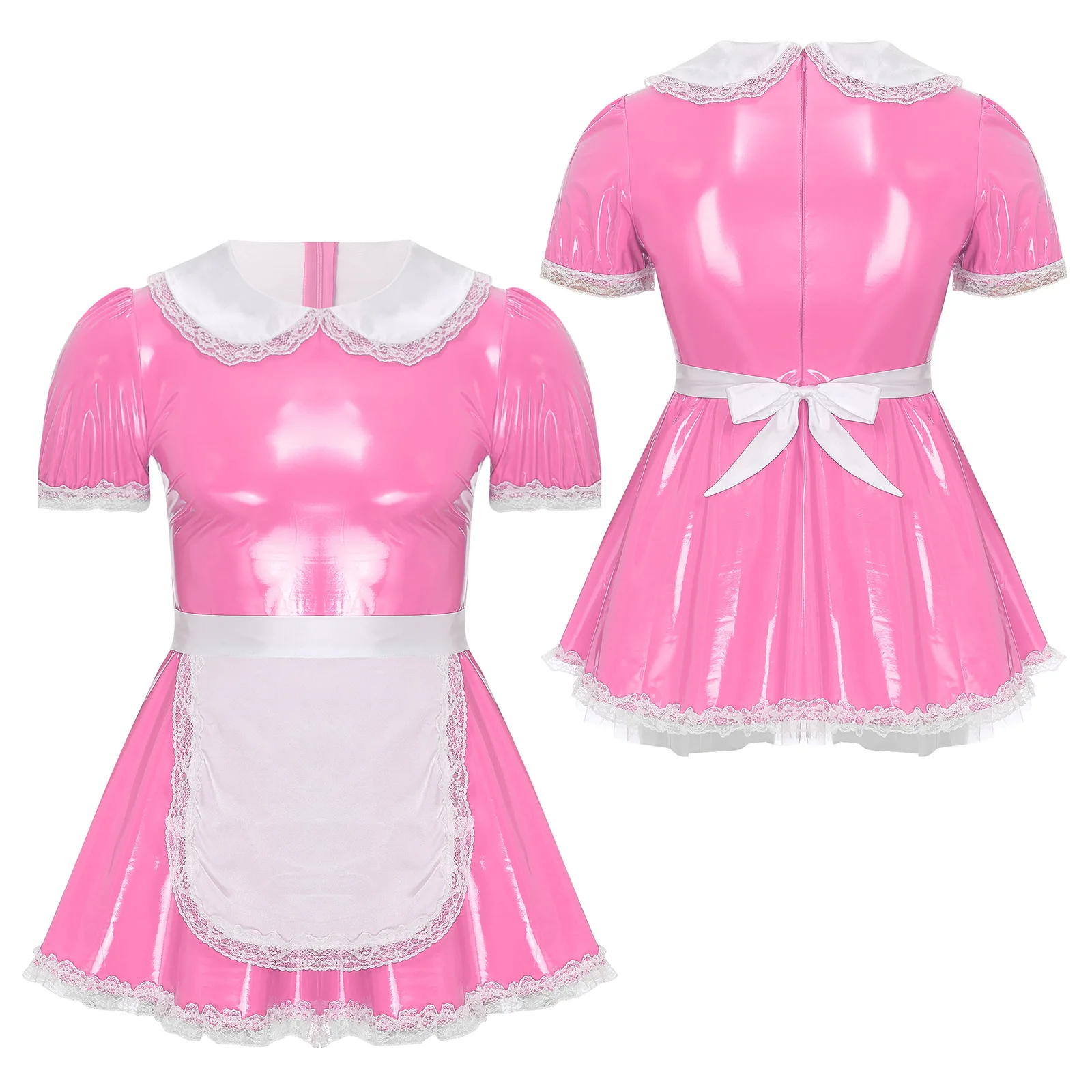 thumbnail image 1 of Vestido de sirvienta Sissy de línea A con encaje y volantes para hombre, de charol, trajes de cosplay, vestido de sirvienta con delantal, cuello de muñeca, mangas abullonadas, 1 of 5