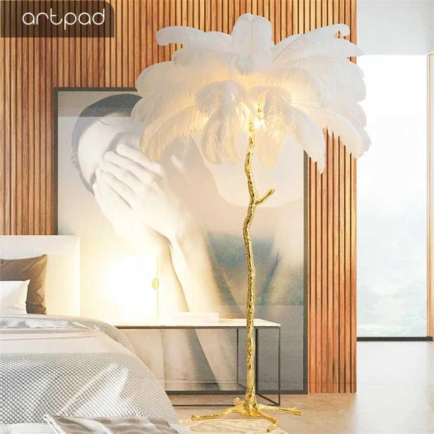 

American LED Floor Lamp Living Room Indoor New Fashion Ostrich Feather Deco Luminaire Copper Resin Tripot Standing Lamps