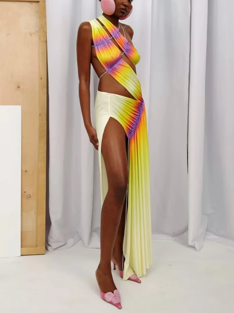 Multi Color Gradient Swimwear Fashion Beach Skirt With High Slit Beach Wear Design Backless Sexy Women'S  Swimming Costumes