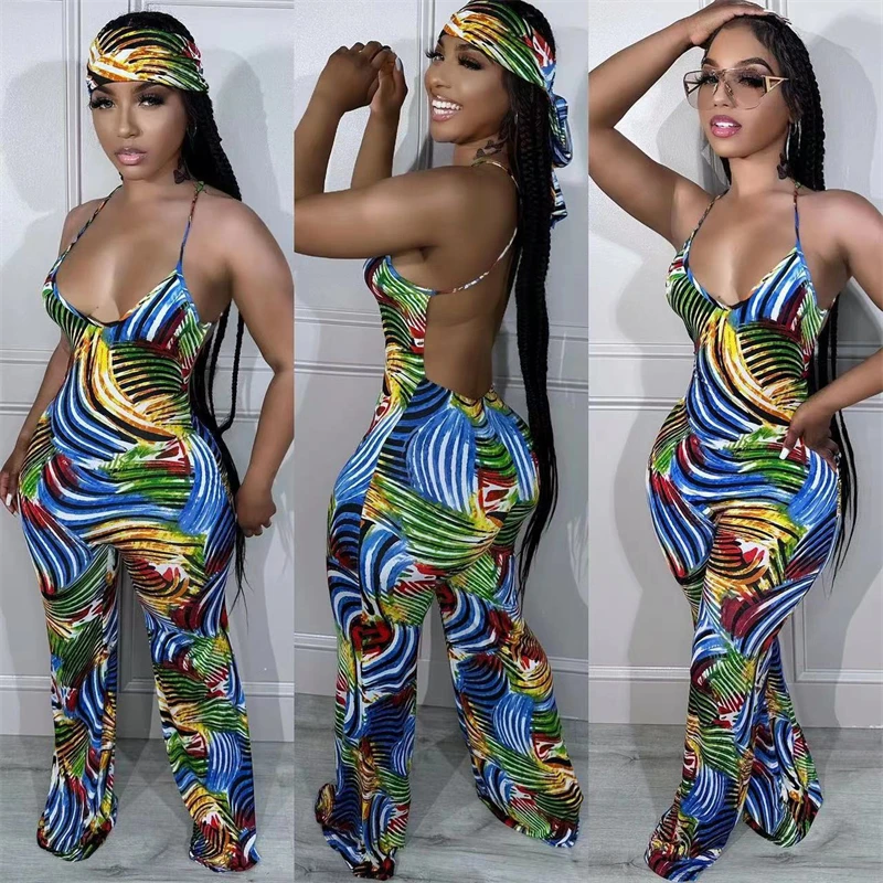 Colorful Printed Spaghetti Straps Backless Jumpsuit with Headband Women Sexy Summer Casual V Neck Sleeveless Romper Overalls