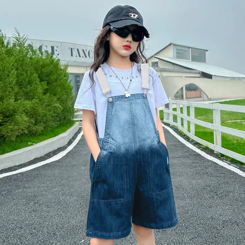 

Girls' backpack pants set for summer 2024, new Korean version for big children stylish children's jeans thin two-piece