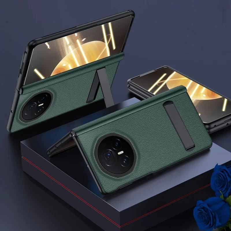 Luxury Magnetic Bracket Genuine Leather Case with Glass Film and Hinge Protection