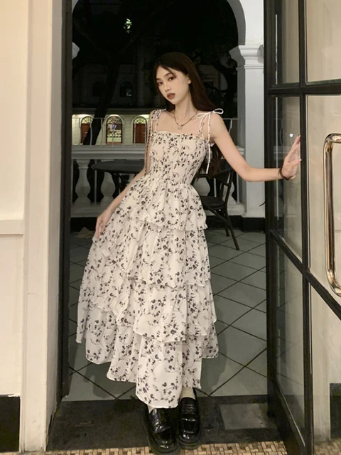Summer Floral Women Dress Midi Elegant Slim One Piece Korean Fashion Dresses  New