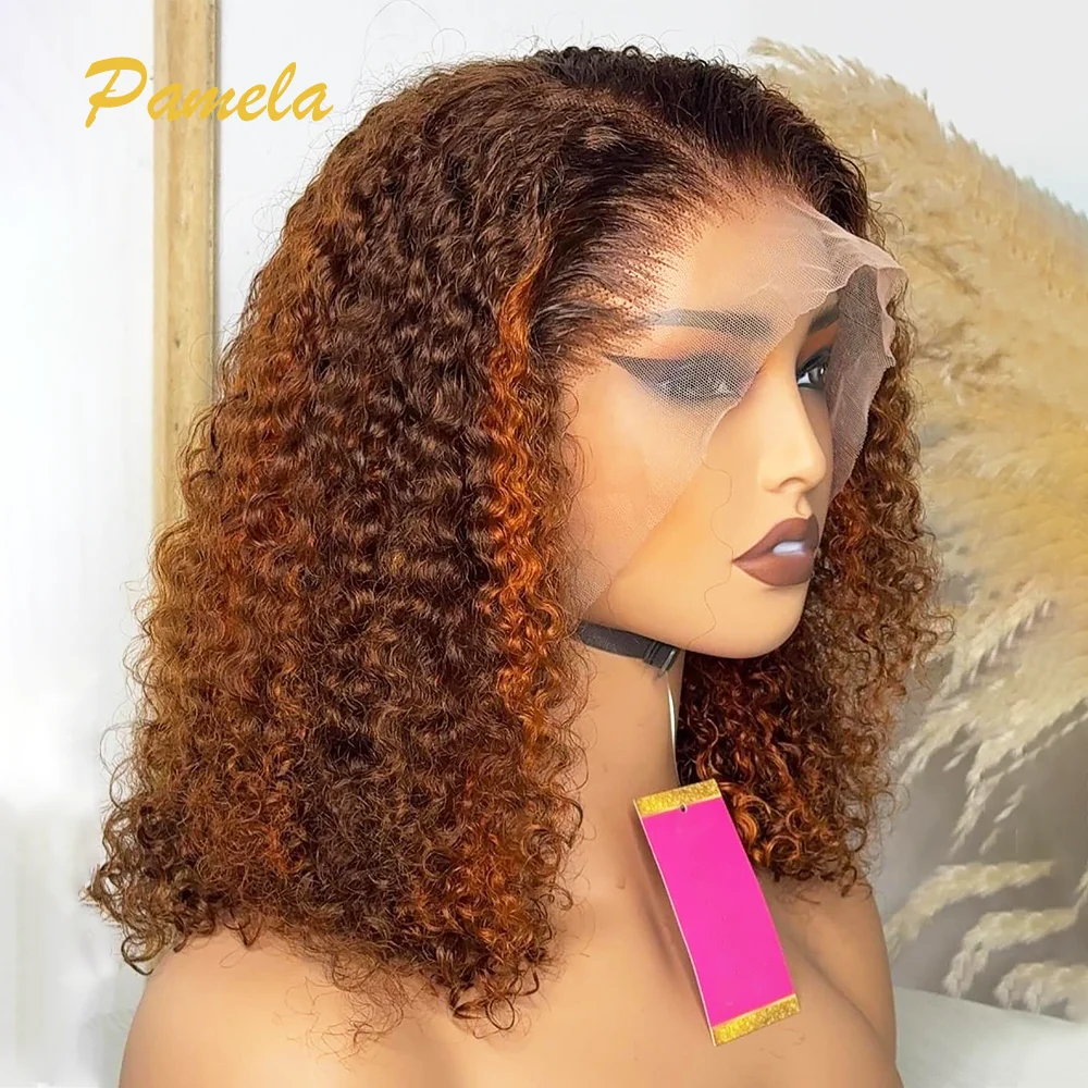 Highlight Blonde Curly Human Hair Glueless Wigs Brazilian Brown Colored 13x6 Transparent Lace Frontal Wigs For Woman