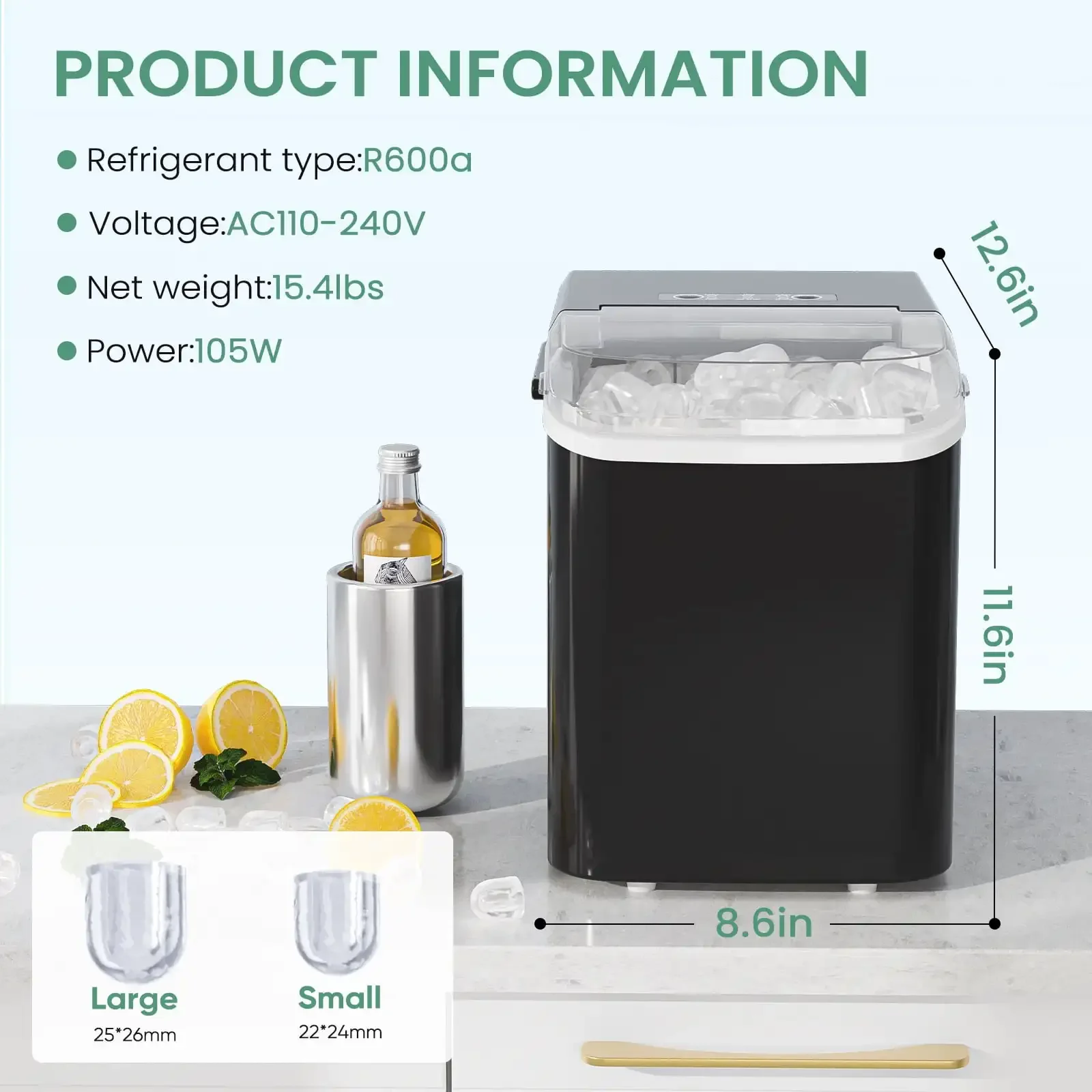 Portable Ice Maker Countertop Ice Maker Machine Self-Cleaning 2 Sizes Bullet Ice Portable with Scoop Basket and Handle Black