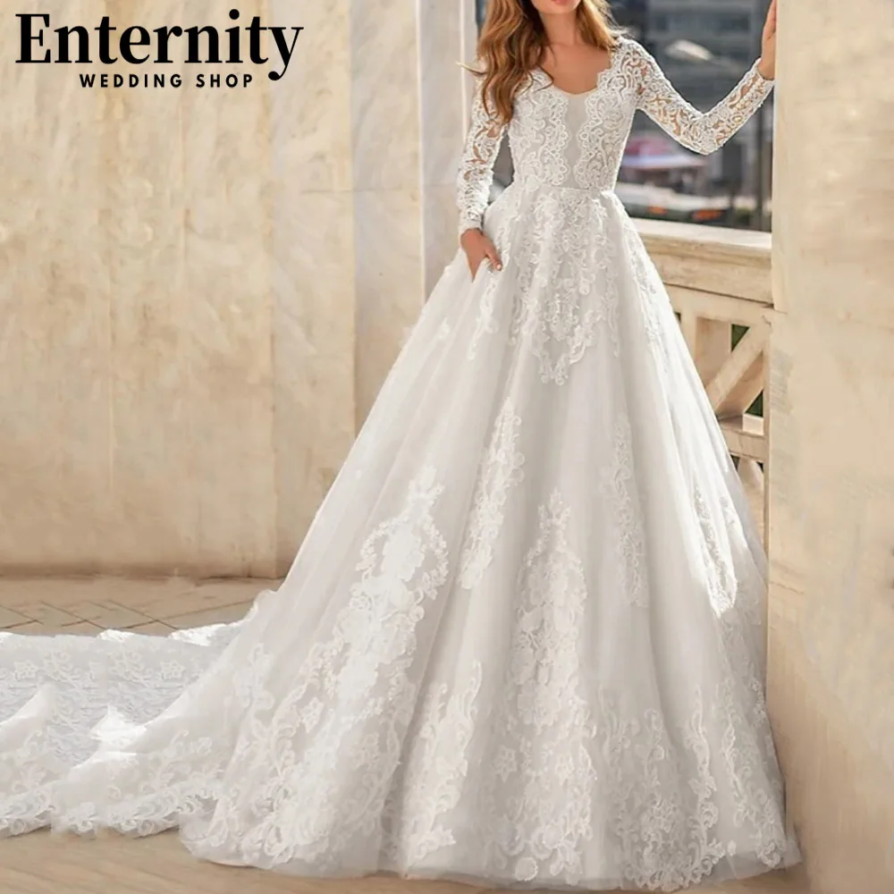 Customized V Neck Lace Appliques Wedding Dresses Court Train Long Sleeves Bridal Gowns Illusion Back Pleats Vestidos De Novia 4