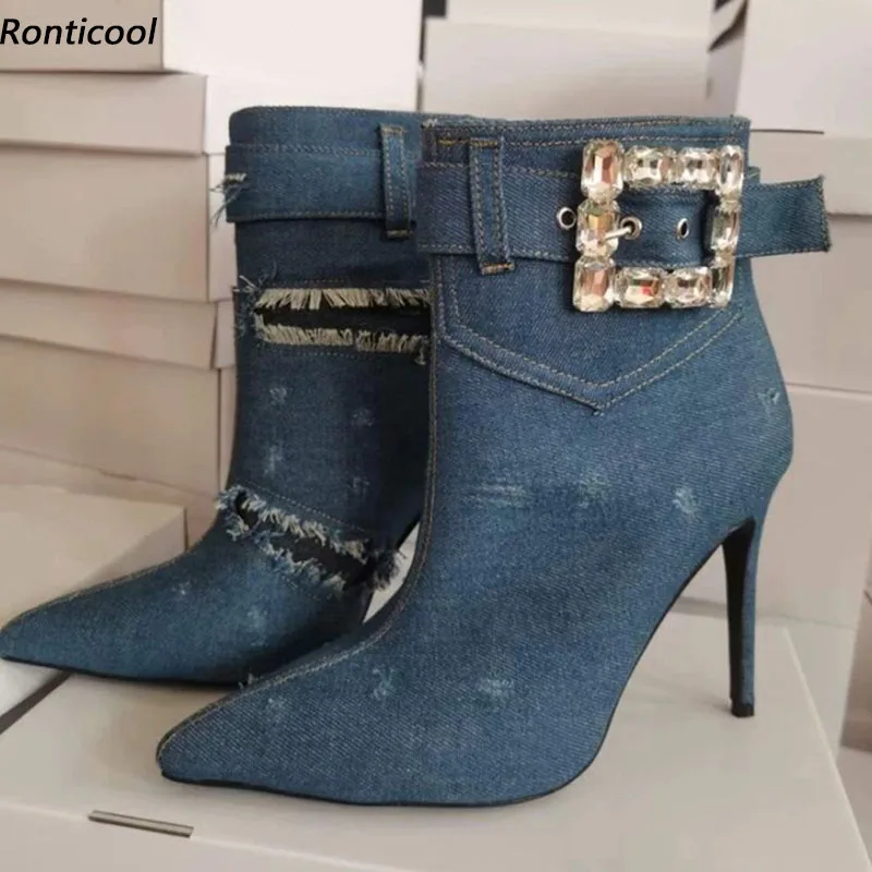 

Ronticool Handmade Women Winter Ankle Boots Denim Sexy Stiletto Heels Pointed Toe Pretty Blue Party Shoes Size 35-47
