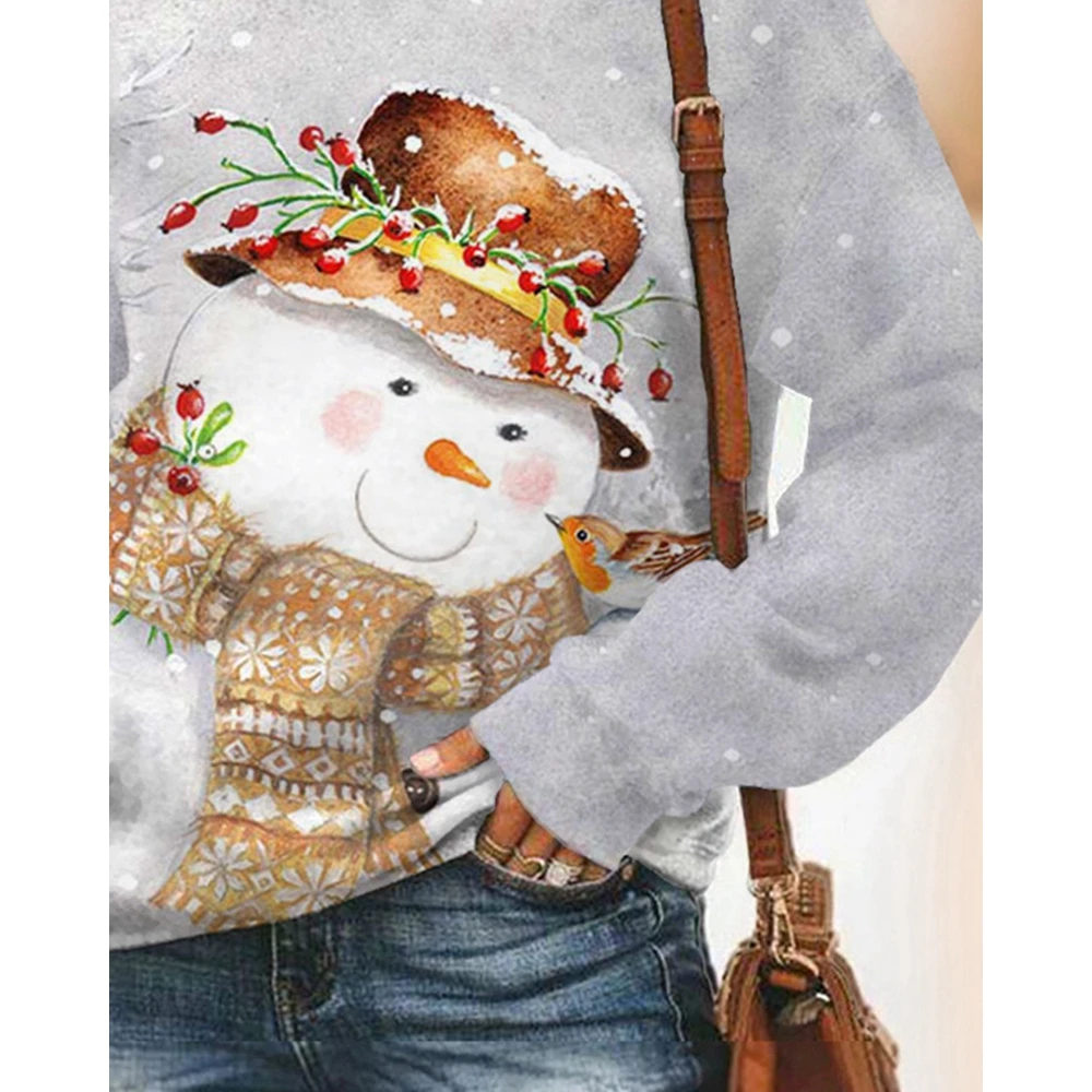 Christmas Women Snowman Print O-Neck Sweatshirt Casual Long Sleeve Pullover Basic Tee Tops Spring Daily Korean Style Clothes Y2k
