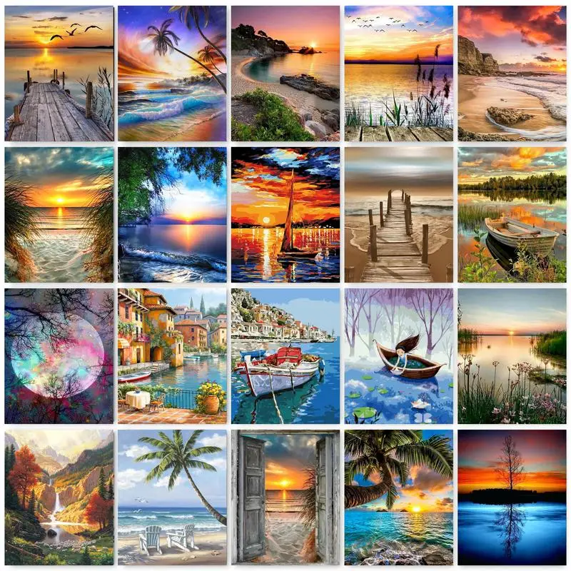 Painting By Numbers Kits 60&times;75 Frameless DIY Painting By Numbers Beach Landscape Acrylic Paint On Canvas Draw Coloring For Diy Gift