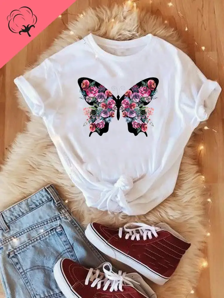 

Camiseta con estampado de flores y mariposas para mujer, ropa de manga corta para mujer, camiseta gráfica de primavera