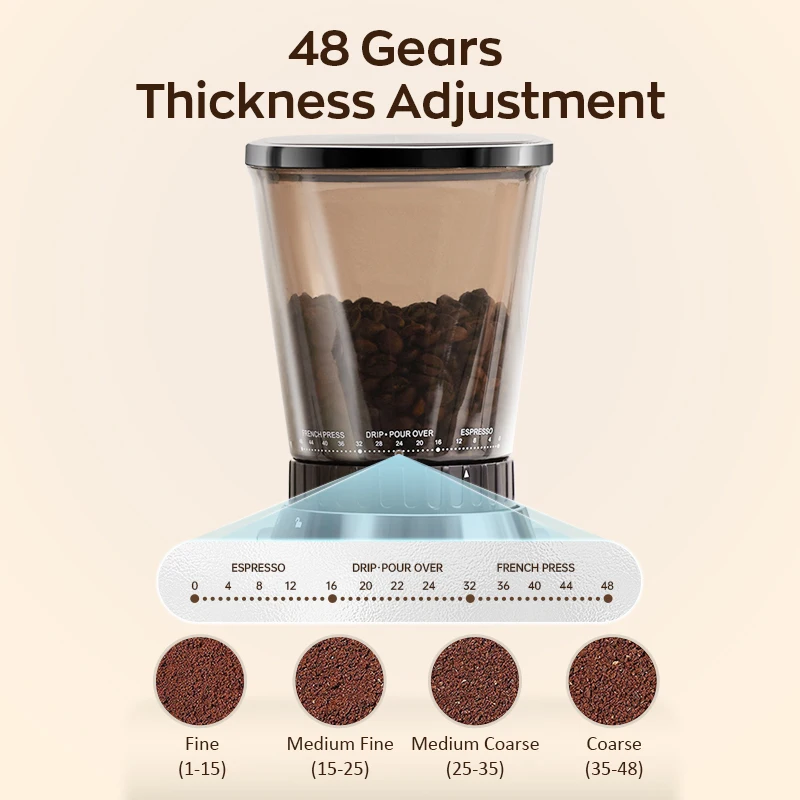 Cafelffe-Electric Smart Burr Mill, Coffee Bean Grinder with 48 Grind Settings, Fully Automatic Grinder, Adjustable Grinding 2