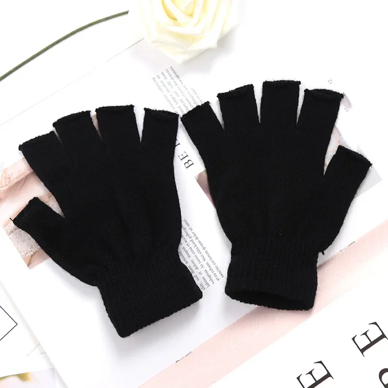New Black Half Finger Fingerless Gloves for Women and Men Knit