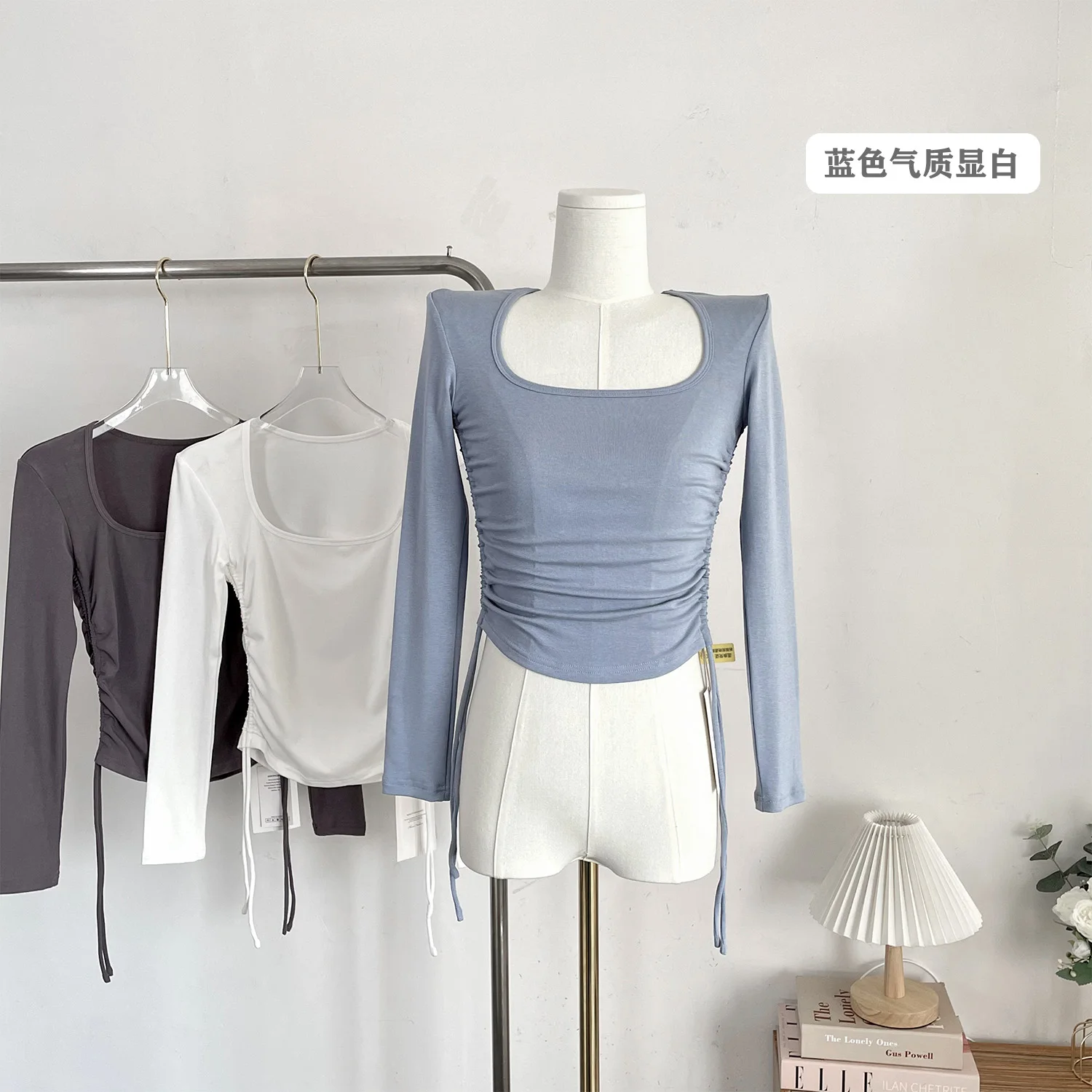 

Удобная плиссированная футболка с длинным рукавом и квадратным вырезом, топы, однотонная облегающая футболка на весну и осень, эластичная одежда, футболка