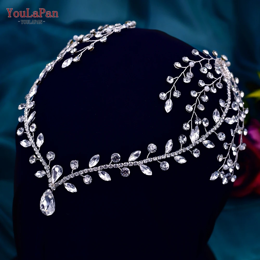 Rhinestone Wedding Forehead Headband Women Headdress Water Drop Bridal Head Tiara Bride Head Piece with Combs for Hair Accessory