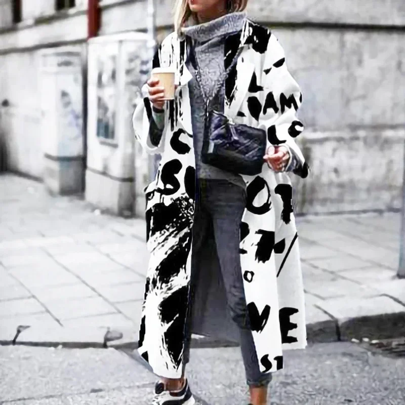 

Casual Loose Long Trench Coat Autumn Winter Print Overcoat Long Jacket Windbreake Fashion Women Lapel Woolen Coat