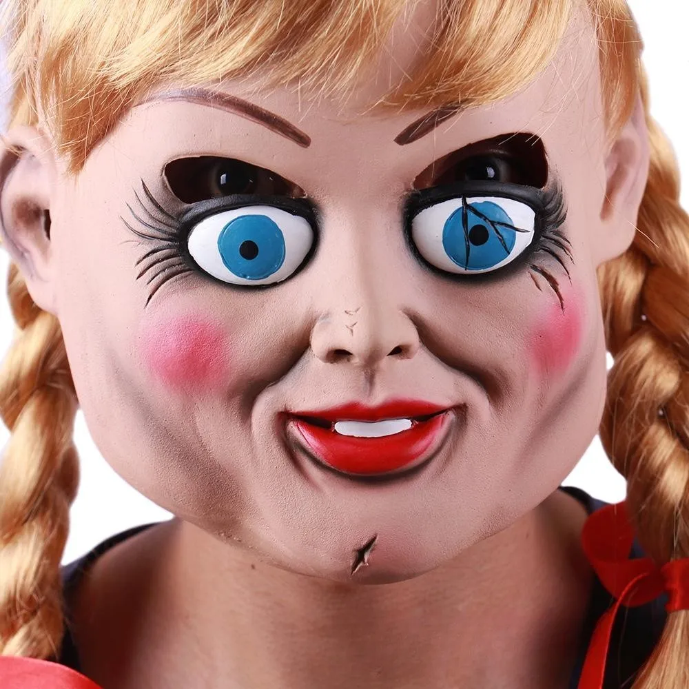 Annabelle Doll Mask Cosplay Horror Movie The Conjuring Full Face Latex Helmet Scary Headwear Halloween Masquerade Party Costume