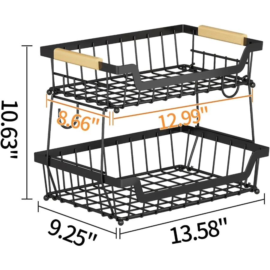 2 Tier Countertop Fruit Basket with 2 Banana Hangers for Kitchen Detachable Metal Organizer for Bread Vegetable Fruits with Woo