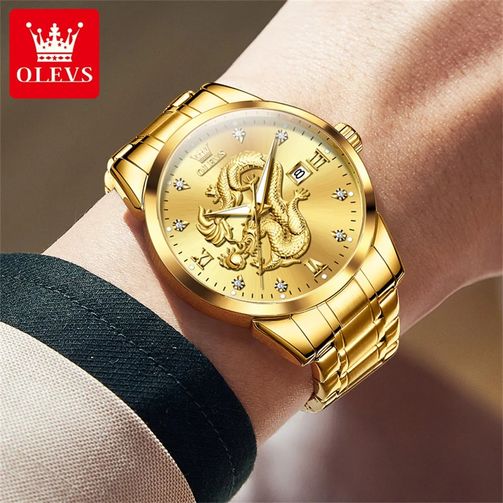 OLEVS 3619 Mens Watch Top Brand Fashion Original Quartz Watch for Man China Loong Dragon Dial Waterproof Luminous Date Reloj 2