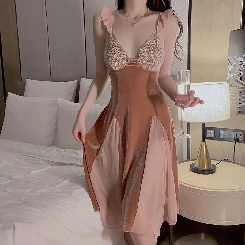 

Брендовая пикантная одежда для сна REBEYULI, Женская осенне-зимняя пикантная бархатная кружевная ночная рубашка с нагрудными подушечками, модная Повседневная Ночная рубашка 2023