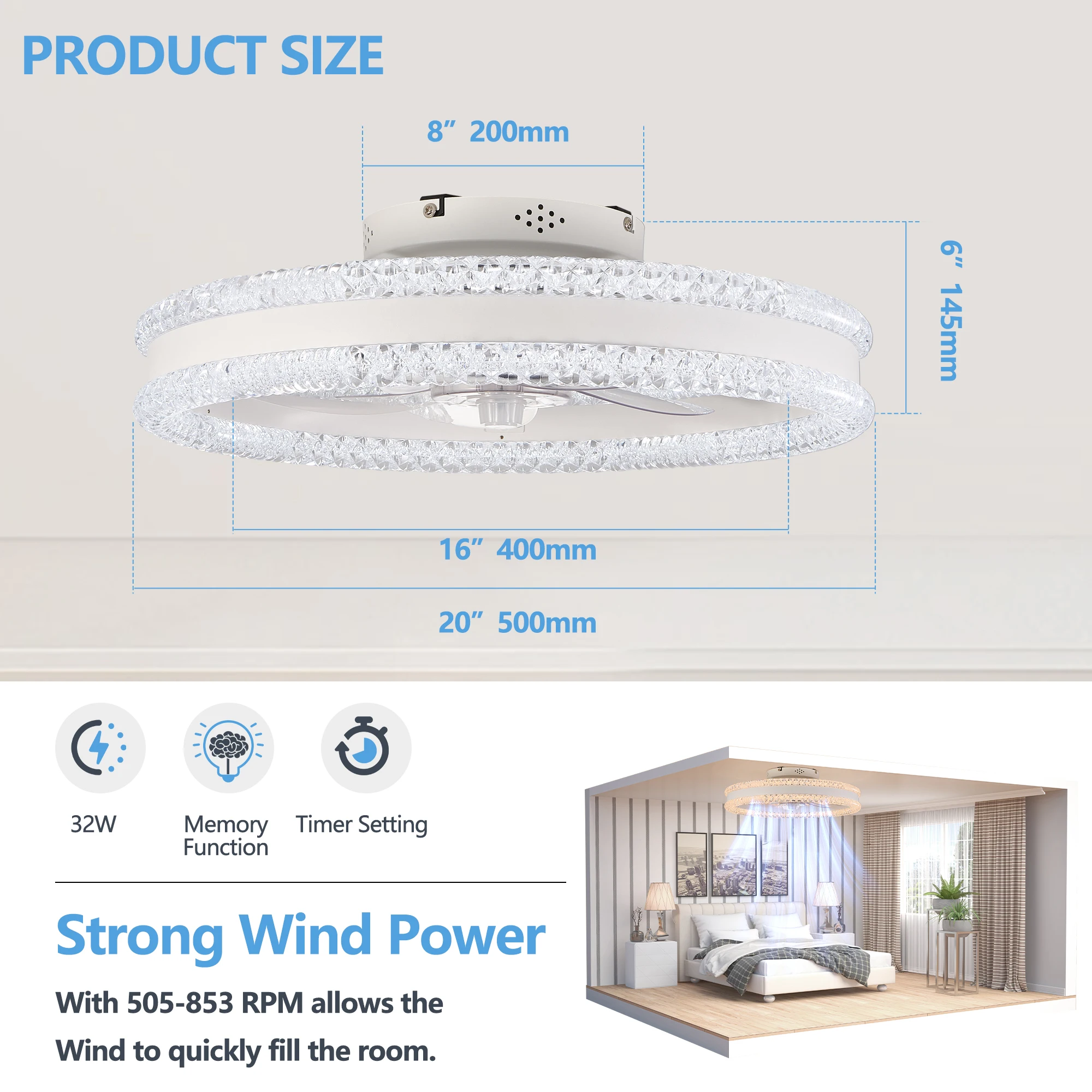 20" Luxury Double Ring LED Ceiling Fan with Light Modern Flush Mount Design Dimmable Lighting Low Profile Silent Fan