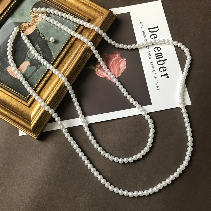 New Design 2 Layer Sexy Glamour Woman Pearl Beaded Necklace Perfectly Round  Simulated-pearl Beads Necklace Sweater Chain