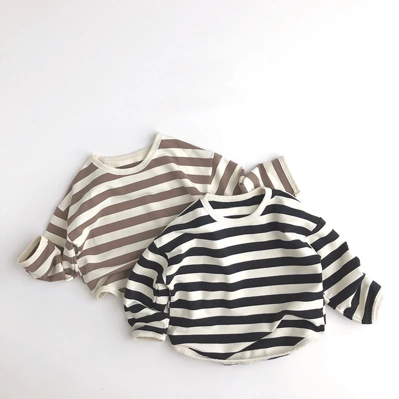 

Baby T-Shirt 2023 Spring Korean New Boys Striped T Shirt Long Sleeve Cotton Pullovers Casual Loose Girls Bottoming Shirt Tops