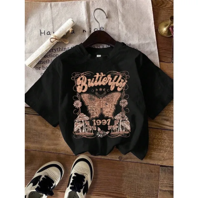 Oversized Butterfly Pattern T-shirt, Women's Black Round Neck Short Sleeve Casual Loose Comfort T-Shirt 3