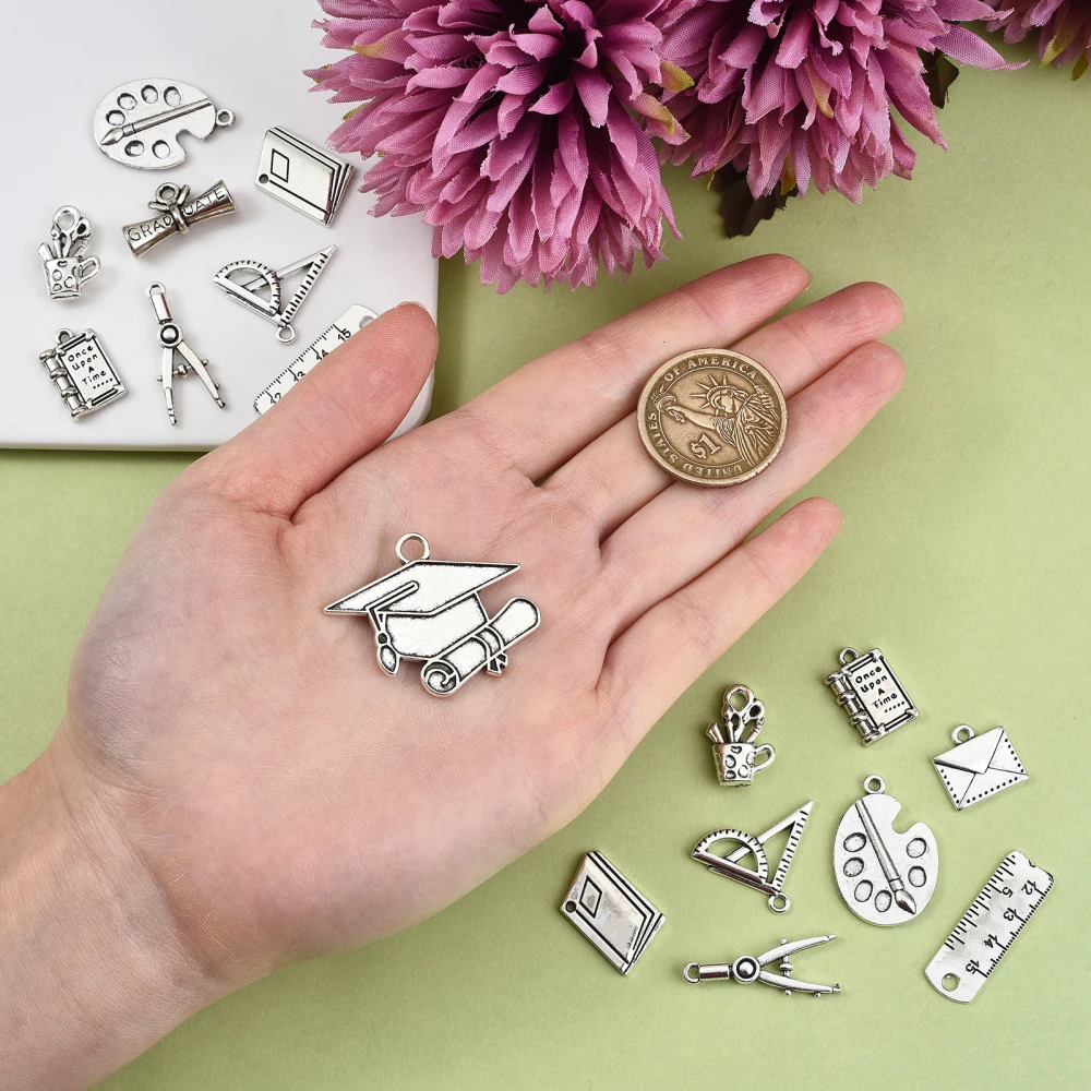 PandaHall 100pcs School Theme Charms Tibetan Graduation Cap Student School Antique Silver Teacher Charms for Jewelry Making