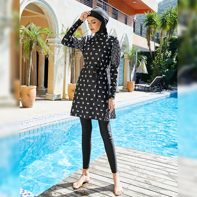 

2022 новый модный Исламский купальник Burkini с пышными рукавами и высокой талией, с принтом и длинными брюками, купальник для мусульманских женщин