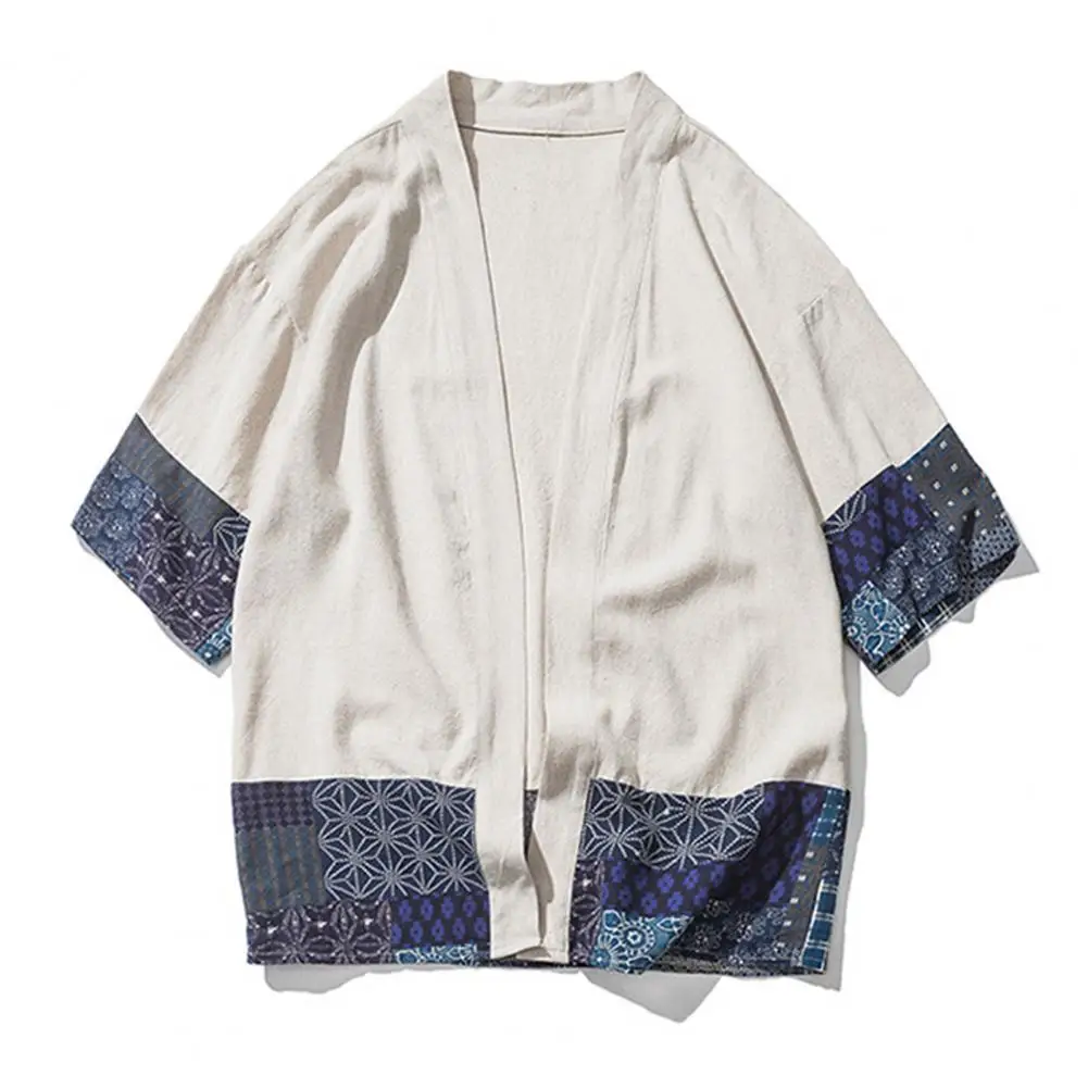 

Open Style Cardigan Coat Vintage-inspired Men's Patchwork Cardigan Coat Retro Print 3/4 Sleeve Open Front Poncho Outerwear Thin